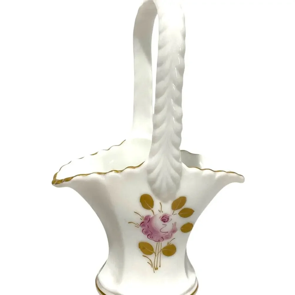 Westmoreland milk glass bride's basket hand painted signed top handle vase